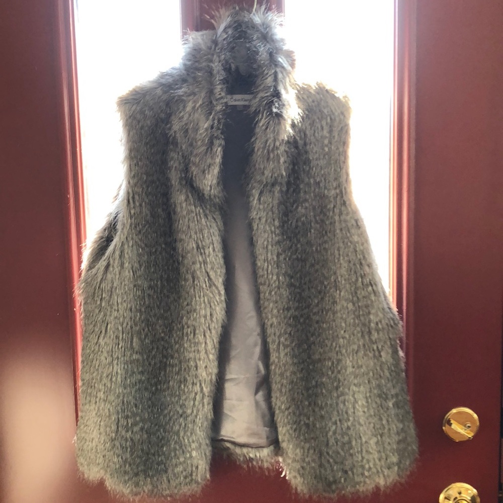 Calvin Klein gray faux fur vest